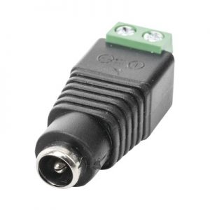 Adaptador tipo jack de 3.5 mm hembra polarizado de 12 Vcd con terminales tipo tornillo.
